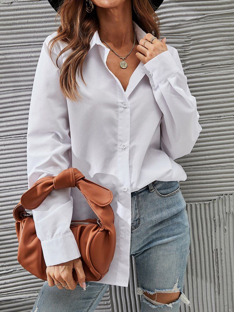 Button Front Solid Longline Blouse | SHEIN