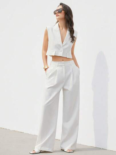 Aveloria Modichic White Cropped Wide Shoulder Pads Sleeveless Lapel Pocket Asymmetrical Hem Suit ... | SHEIN
