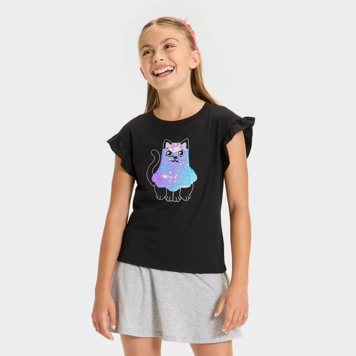 Girls' Short Sleeve Halloween 'Ghost Cat' Flip Sequin T-Shirt - Cat & Jack™ Black | Target