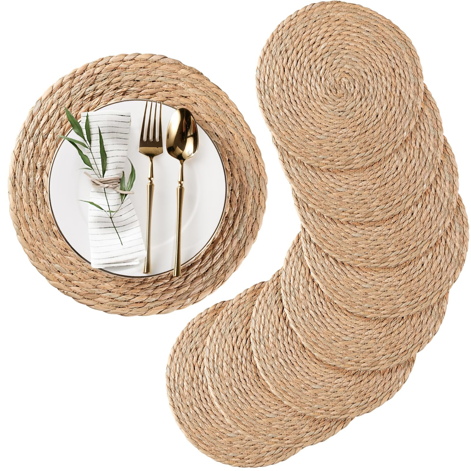 Round Woven Placemats Set of 8, Natural Water Hyacinth Place mats, Rattan Placemat Wicker Placema... | Amazon (US)