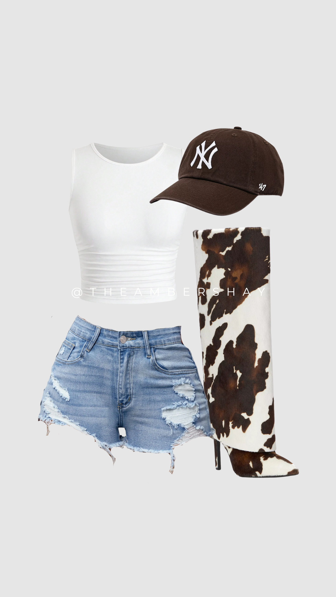 Casual western chic but make it fashion 🤎 this cow print boots and bag combo paired with distressed denim shorts and a fitted white crop top is the perfect mix of street style and rodeo glam. I styled it with a NY baseball cap for that effortless off duty model vibe while still keeping it trendy with the animal print statement boots. If you love western fashion, cow print trends, and elevated casual outfits, this look is such a fun everyday slay.

#CowPrint #WesternChic #CowboyBoots #WesternFashion #StreetStyleOutfit #DenimShorts #CropTopStyle #OffDutyModel #AnimalPrintTrend #RodeoGlam #CasualSlay #FashionFinds #LTKStyle #LTKOutfit #TrendingNow 

 #LTKdayinmylife #LTKgrwm #LTKSaleAlert