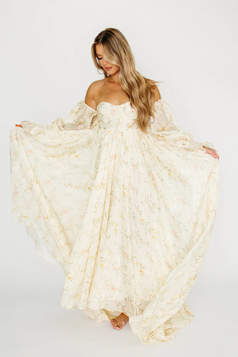Delilah Maxi Dress With Train in Cream Floral - Bump Friendly *5/31 PR | Worth Collective