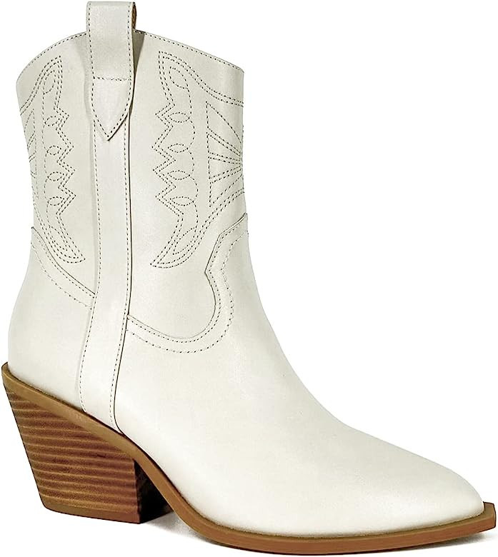 Women's Embroidered Western Cowboy Boots Short Ankle Stitching Cowgirl Boots Medium Heel Stacked ... | Amazon (US)