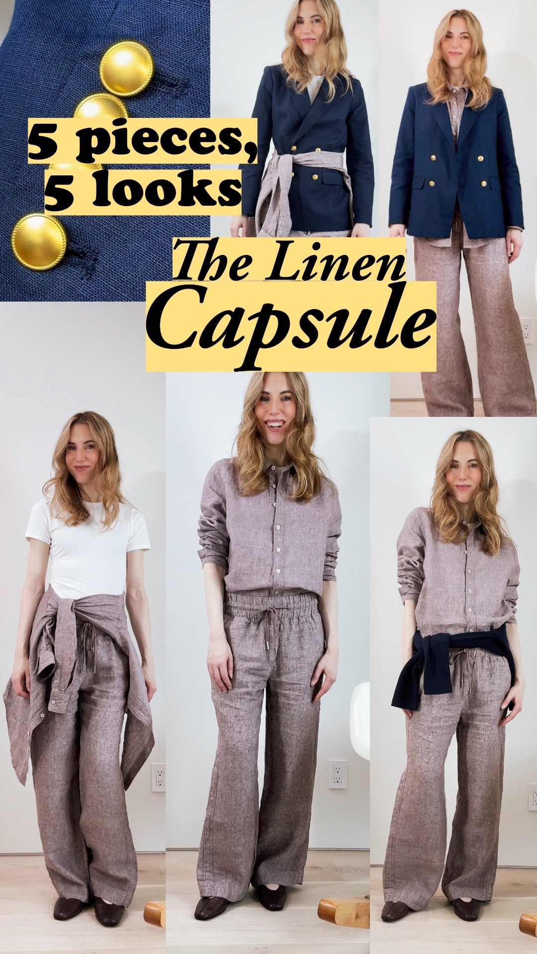 5 pieces, 5 looks: structured plackets, wide hems, clean lapel finish, cotton lining that breathes in summer. The construction details that keep linen polished wash after wash 🤍 I'm wearing the linen blazer in deep navy S, linen shirt in taupe brown chambray M, linen wide leg pants in taupe brown chambray S (28" inseam for low waist; go for a longer inseam if wearing it mid or high waist), stretch cotton jersey fitted t-shirt s, organic cotton sweater jacket s navy tied around my waist. I'm 5'7" 🤍 #quincepartner @onequince 🤍 linen pants | linen blazer | linen shirt | wide leg pants | summer workwear | capsule wardrobe | linen outfit | effortless style | summer basics | modern classic style | breathable summer | Quince linen


#LTKootd #LTKSeasonal #LTKWorkwear