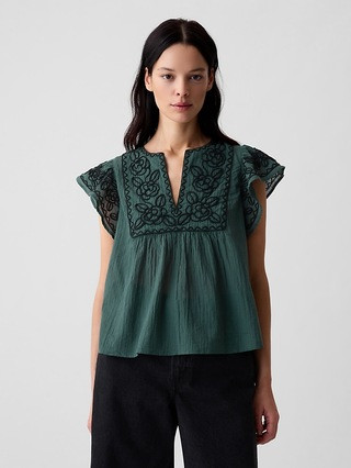 Crinkle Gauze Embroidered Cropped Shirt | Gap (US)