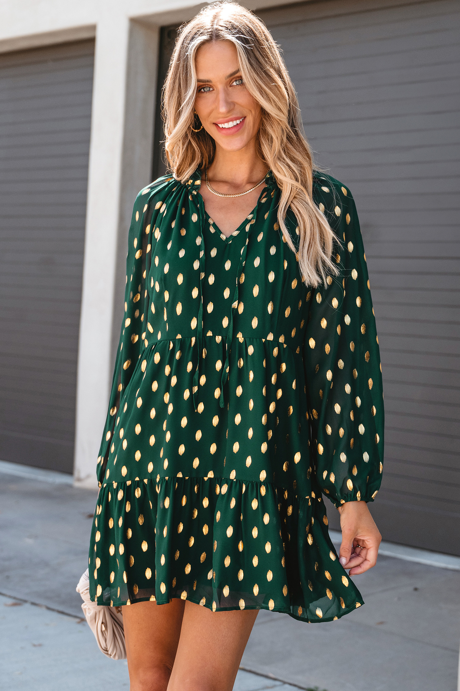 X Gabby Windey Polka Dot Ruffled Tie Neck Mini Dress | Cupshe US