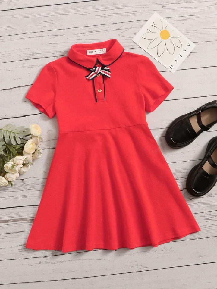 SHEIN Kids KDOMO Toddler Girls Bow Front Polo Neck Dress | SHEIN