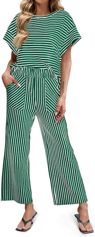 Tankaneo Womens Striped 2 Piece Sets Short Sleeve T Shirts Wide Leg Pants Matching Lounge Set wit... | Amazon (US)