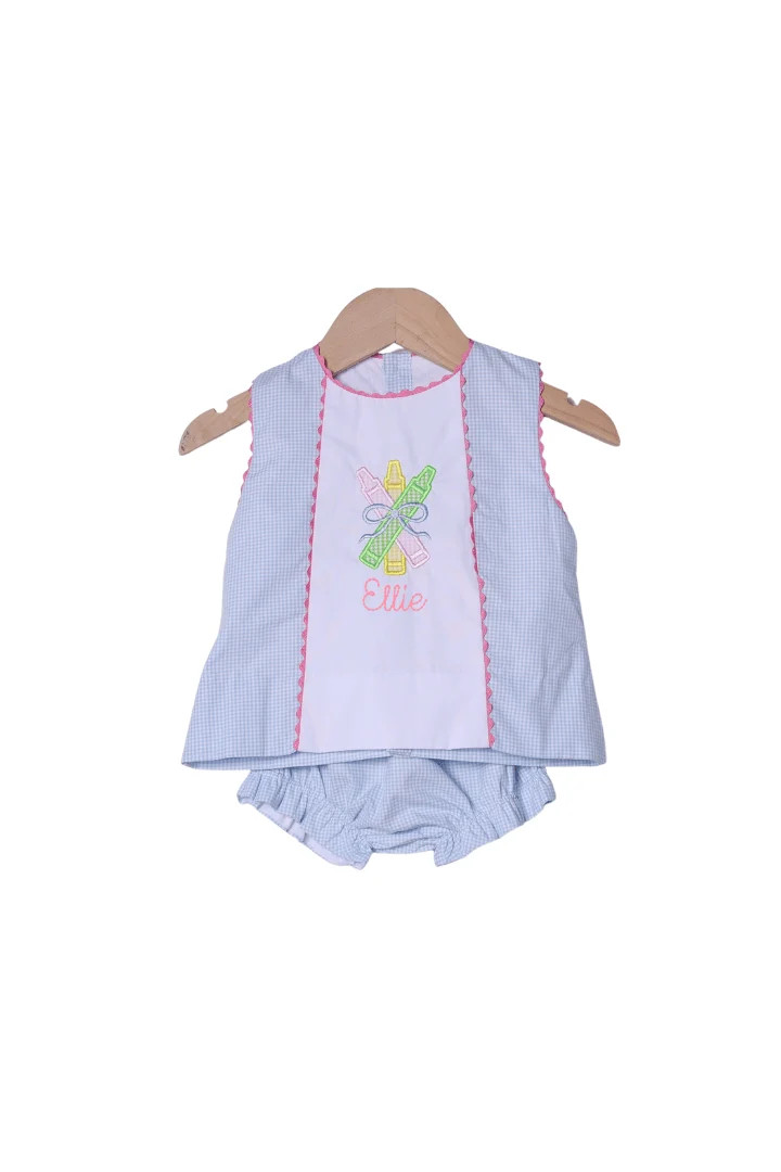 Applique Crayon Blue Gingham Bloomer Set | The Smocked Flamingo