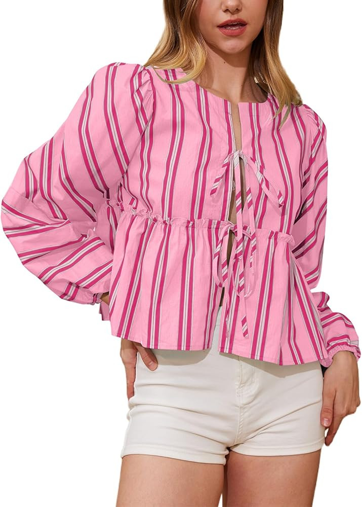 Women Striped Tie Front Top Puff Sleeve Peplum Blouse Shirt Loose Oversized Ruffle Spring Summer ... | Amazon (US)