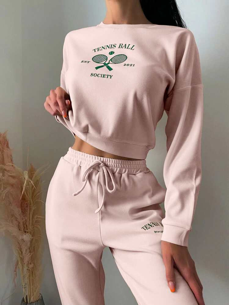 Racket & Letter Graphic Drop Shoulder Lounge Set | SHEIN