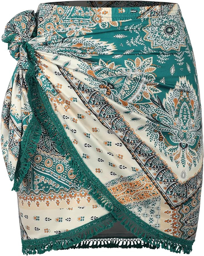 ZAFUL Slit Skirt for Women Boho Print Tie Side Wrap Tassel Casual Beach Mini Skirt | Amazon (US)