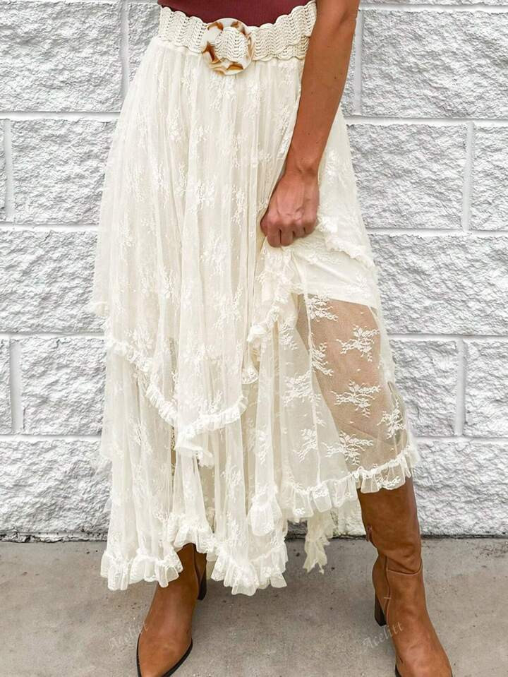 Acelitt Solid Color Lace Sheer Layered High Waist Skirt, Casual Beach Holiday Wear, Summer | SHEIN