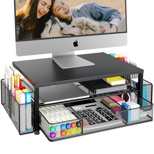 OPNICE Desk Organizer and Accessories, 2-Tier Computer Monitor Stand Riser with Drawer and 2 Pen Holders, Office Desk Accessories for Office Supplies, Black | Amazon (US)