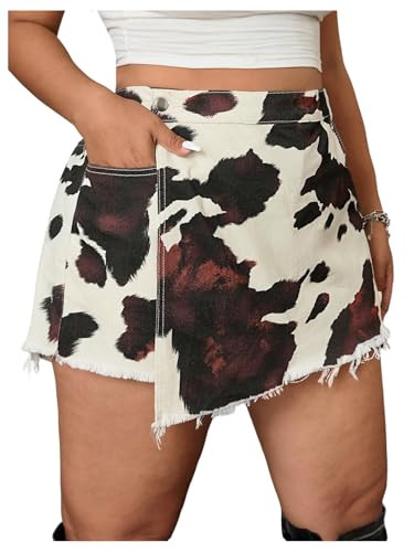 WDIRARA Women's Plus Size Cow Print Denim Skorts High Waisted Raw Hem Wrap Skirts Shorts Cow Print 4X-Large Plus | Amazon (US)