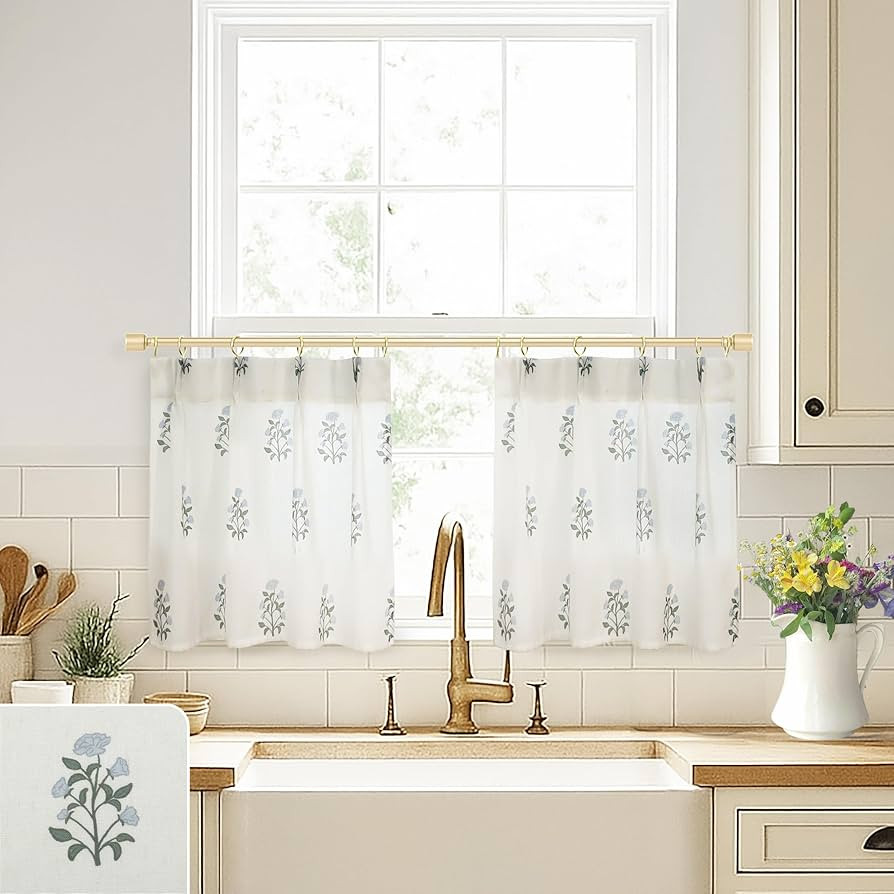Cafe Curtains for Kitchen,Pinch Pleated Small Window Curtains Over Sink,Farmhouse Linen Sheer Blu... | Amazon (US)