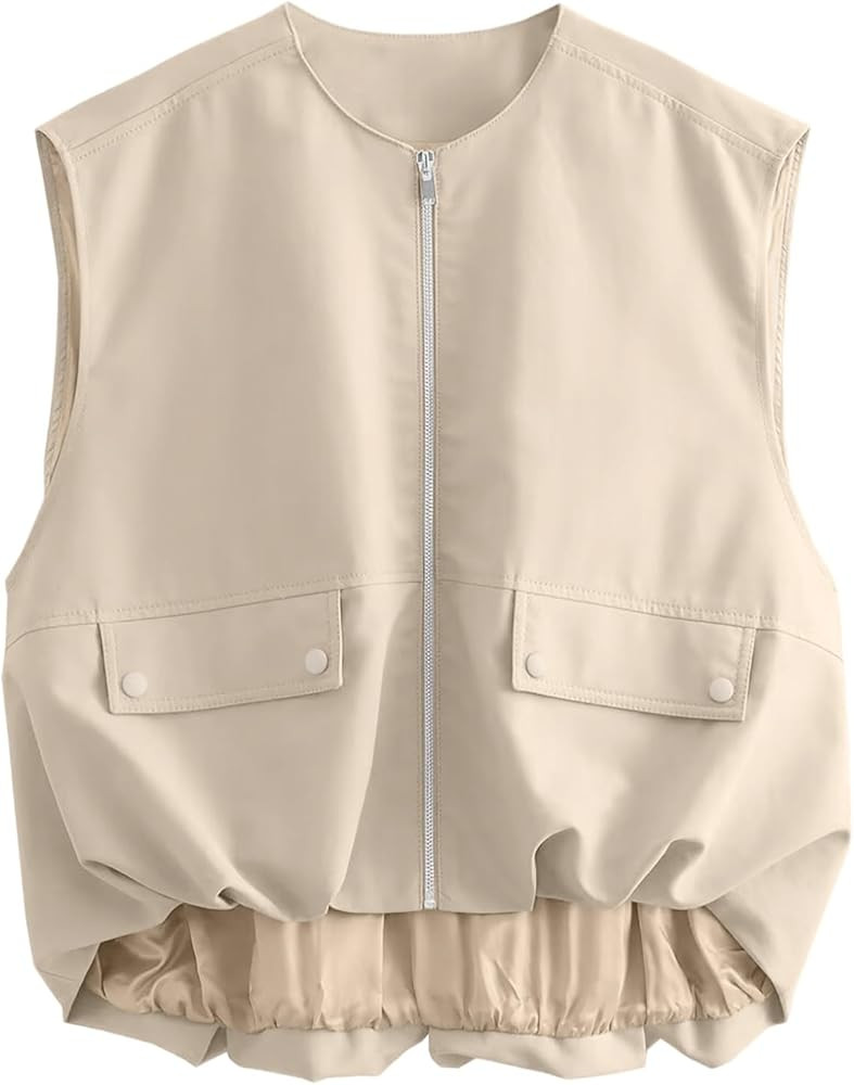 Übergroße Cargo-Weste für Damen, Lässig, ärmellos, Lockere Passform, Durchgehender Reißvers... | Amazon (DE)