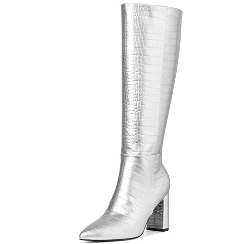 AOSPHIRAYLIAN Silver Boots for Women Metallic Knee High Boots Snake Faux Crocodile Boots Long Tall Boots Pointed Toe Chunky High Heel Boots with Zipper Block Heel Fashion Dress Boots Pull On Size 9 | Amazon (US)