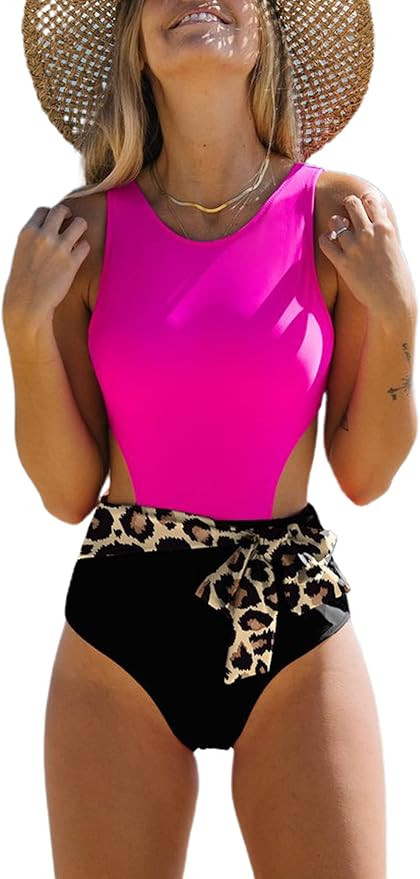 Hilinker Women's One Piece Swimsuit Color Block Cut Out Monokinis Bowknot Bathing Suit | Amazon (US)