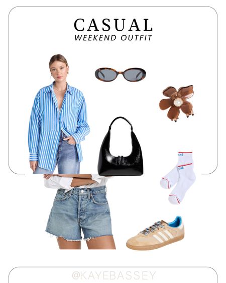 Casual weekend outfit for the summer blue striped button up agolde denim shorts bags adidas samba summer trends outfits #casual #ootd #summer #trends #weekend

#LTKstyletip #LTKSeasonal #LTKshoecrush