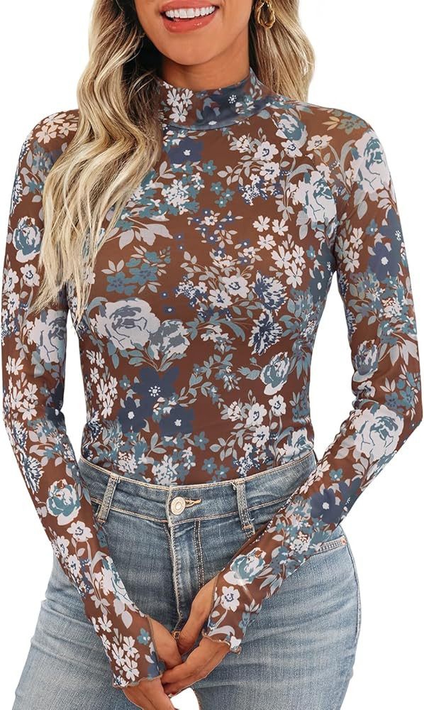 Dealmore Lace Long Sleeve Floral Mesh Mockneck Going Out Tops for Women Fashion Fall Outfits 2025 | Amazon (US)