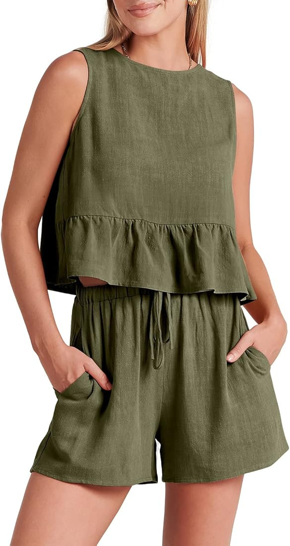 ANRABESS Women’s Summer 2 Piece Outfits Shorts Sets Sleeveless Ruffle Crop Top Tank and Drawstr... | Amazon (US)