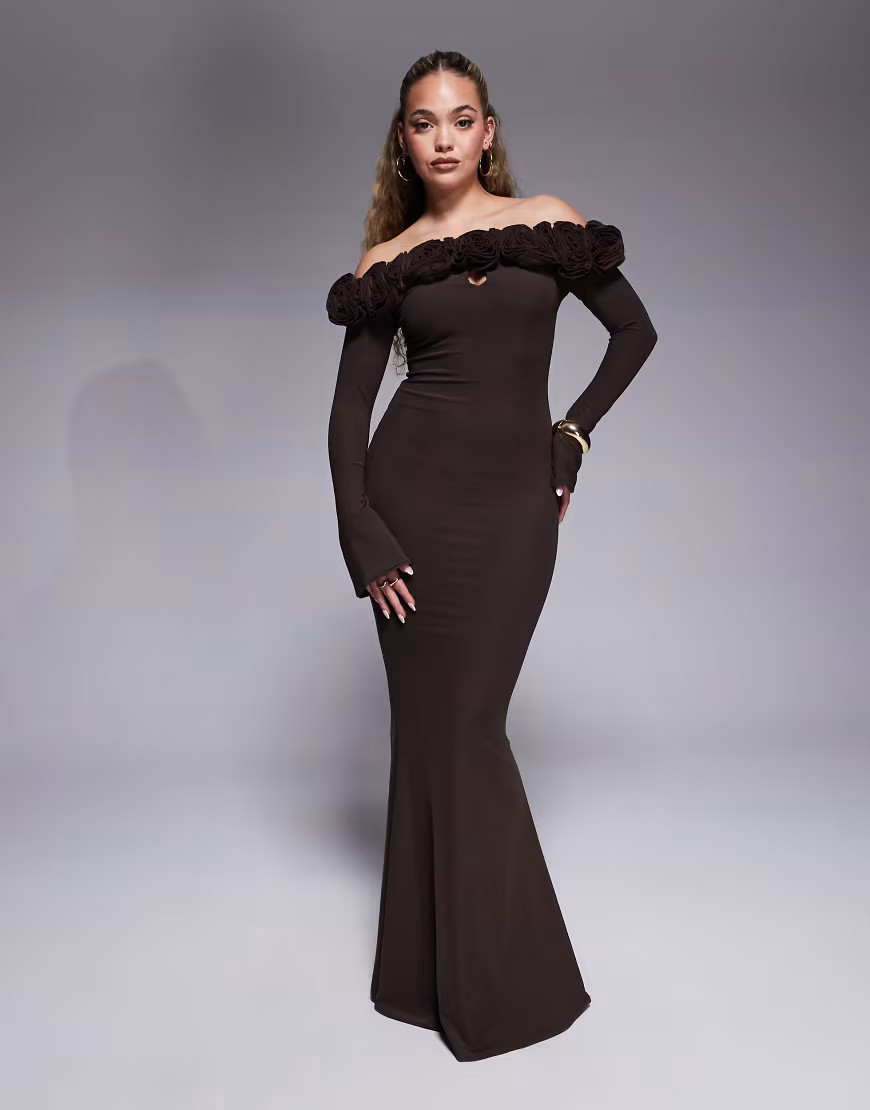 Wanderdoll Ainsleigh bardot corsage detail bodycon maxi dress in chocolate-Brown | ASOS (Global)