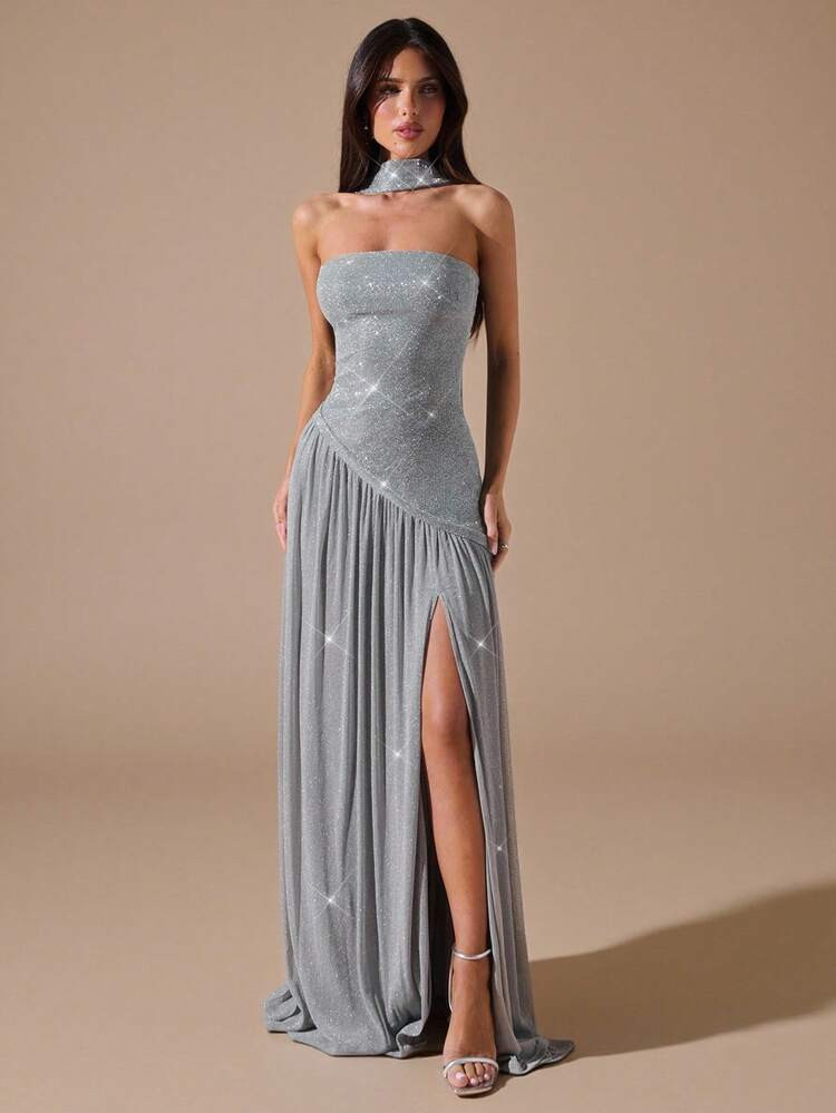 SHEIN BAE Solid Color Women's Elegant Strapless High Slit Fitted Maxi Party Dress, Elegant Strapl... | SHEIN