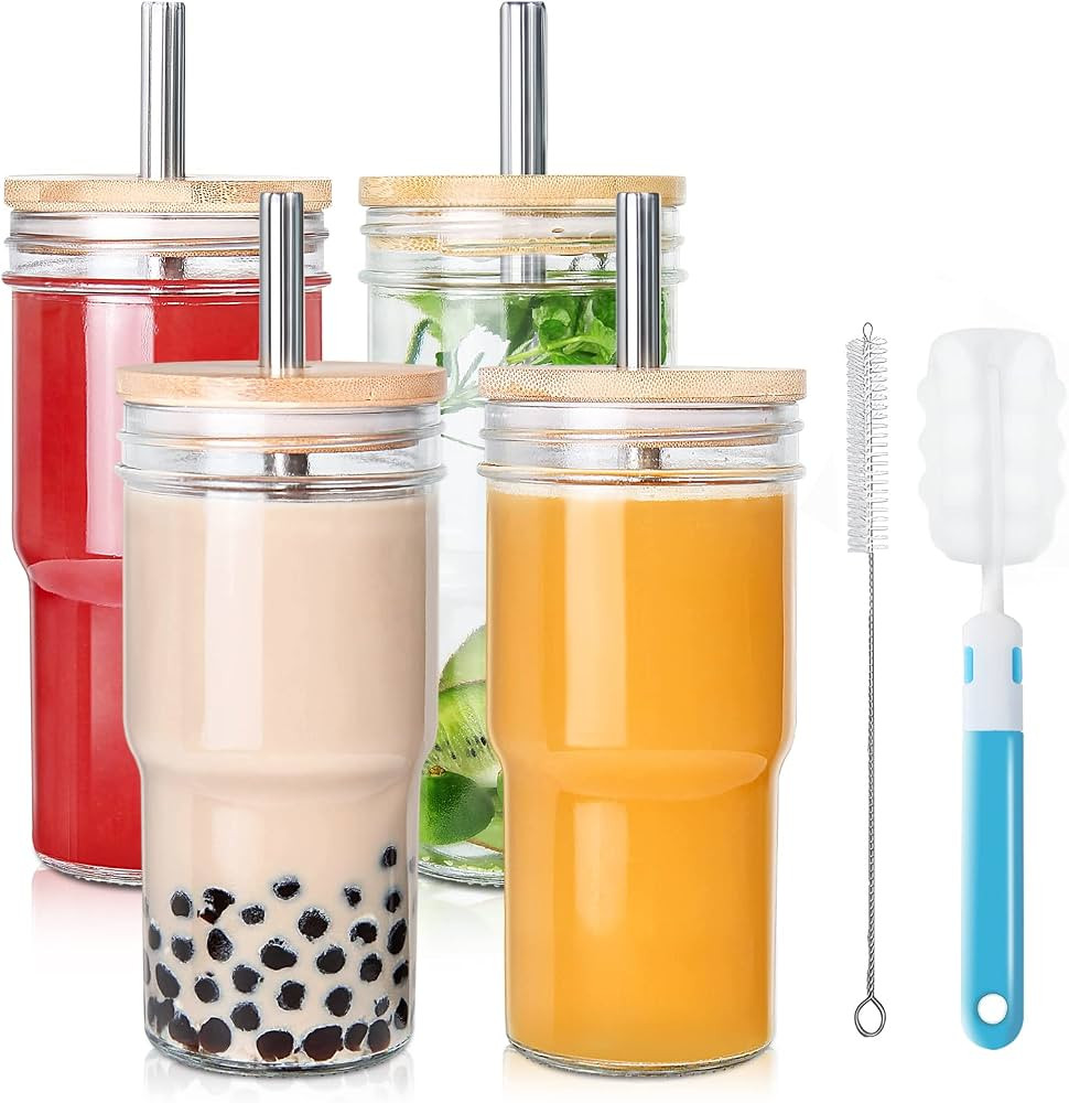 4 Pack Glass Cups with Bamboo Lids and Straws,22 oz Reusable Iced Coffee Cups Wide Mouth Smoothie... | Amazon (US)