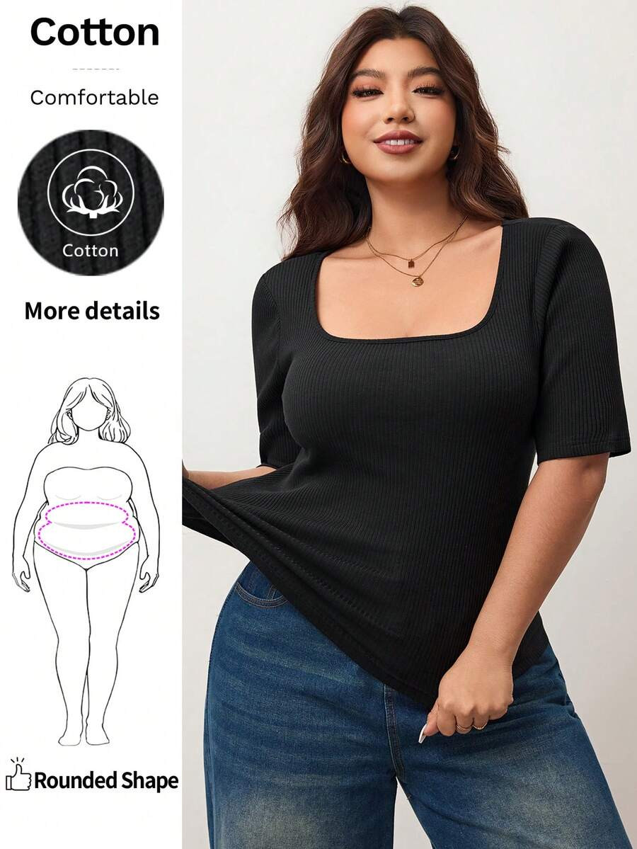 Enliva Plus Size Women's High Elastic Slim Fit Square Neck Short Sleeve T-Shirt,Skin-Friendly Bla... | SHEIN