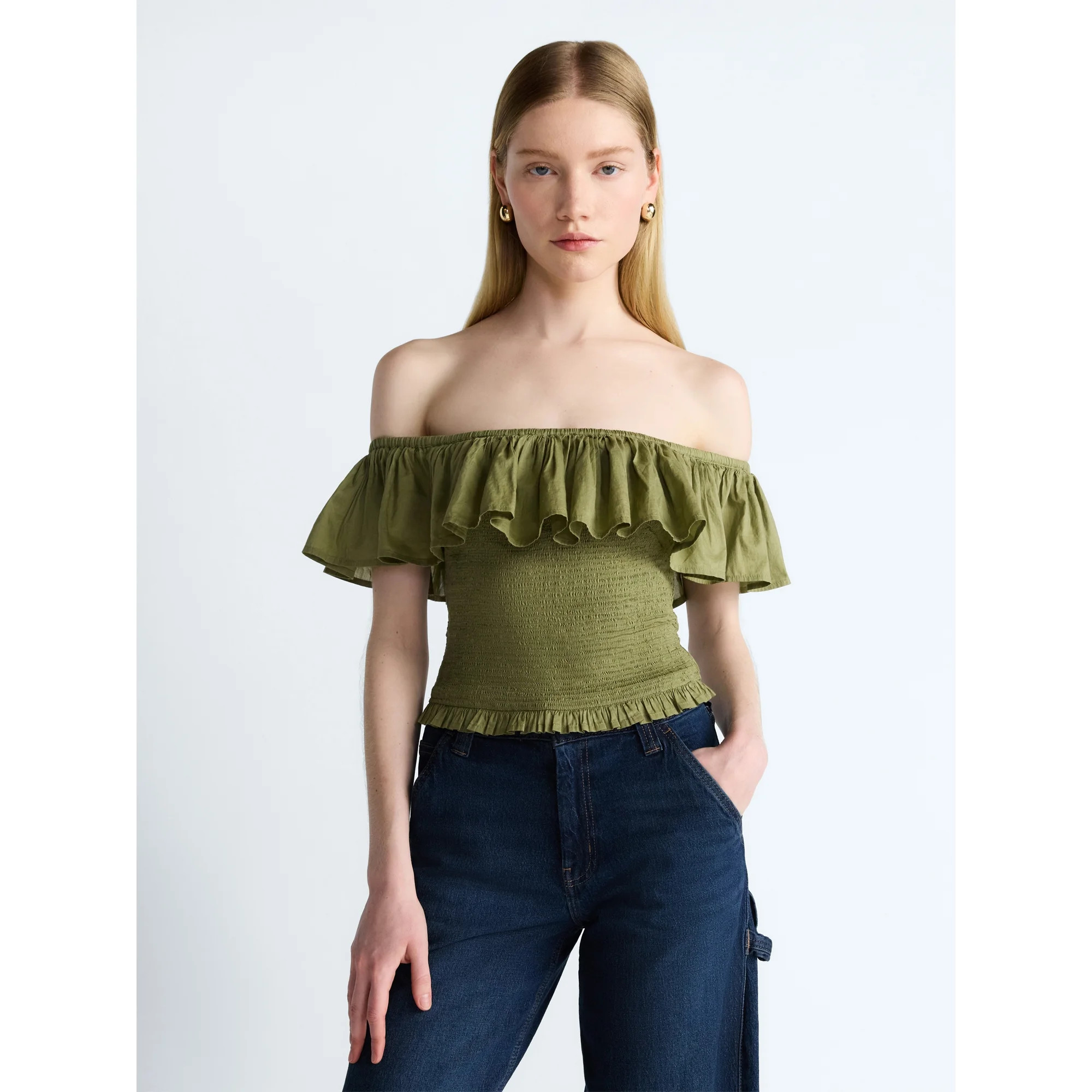Scoop Women’s and Women’s Plus Off-the-Shoulder Smocked Ruffle Cotton Top, Sizes XS-4X | Walmart (US)