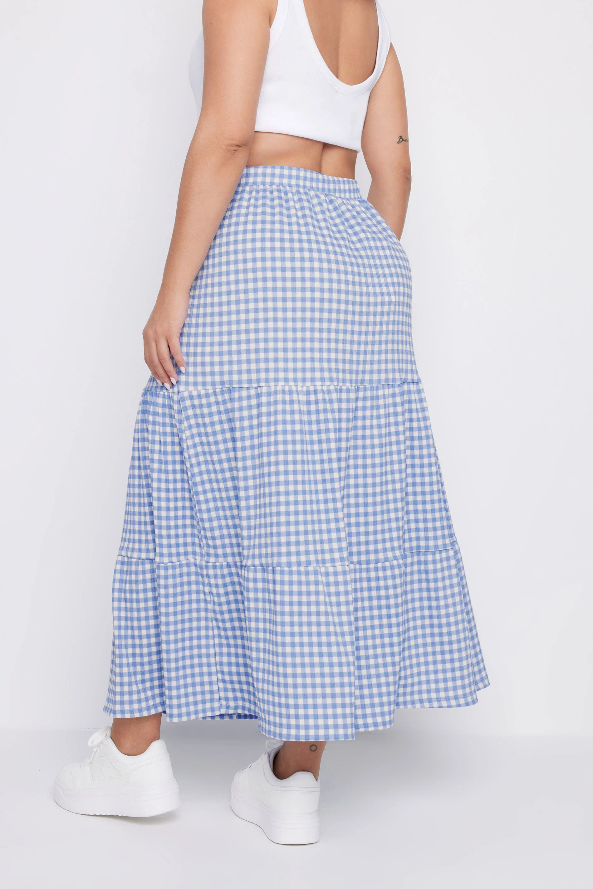 YOURS Plus Size Blue Gingham Textured Maxi Skirt | Yours Clothing UK