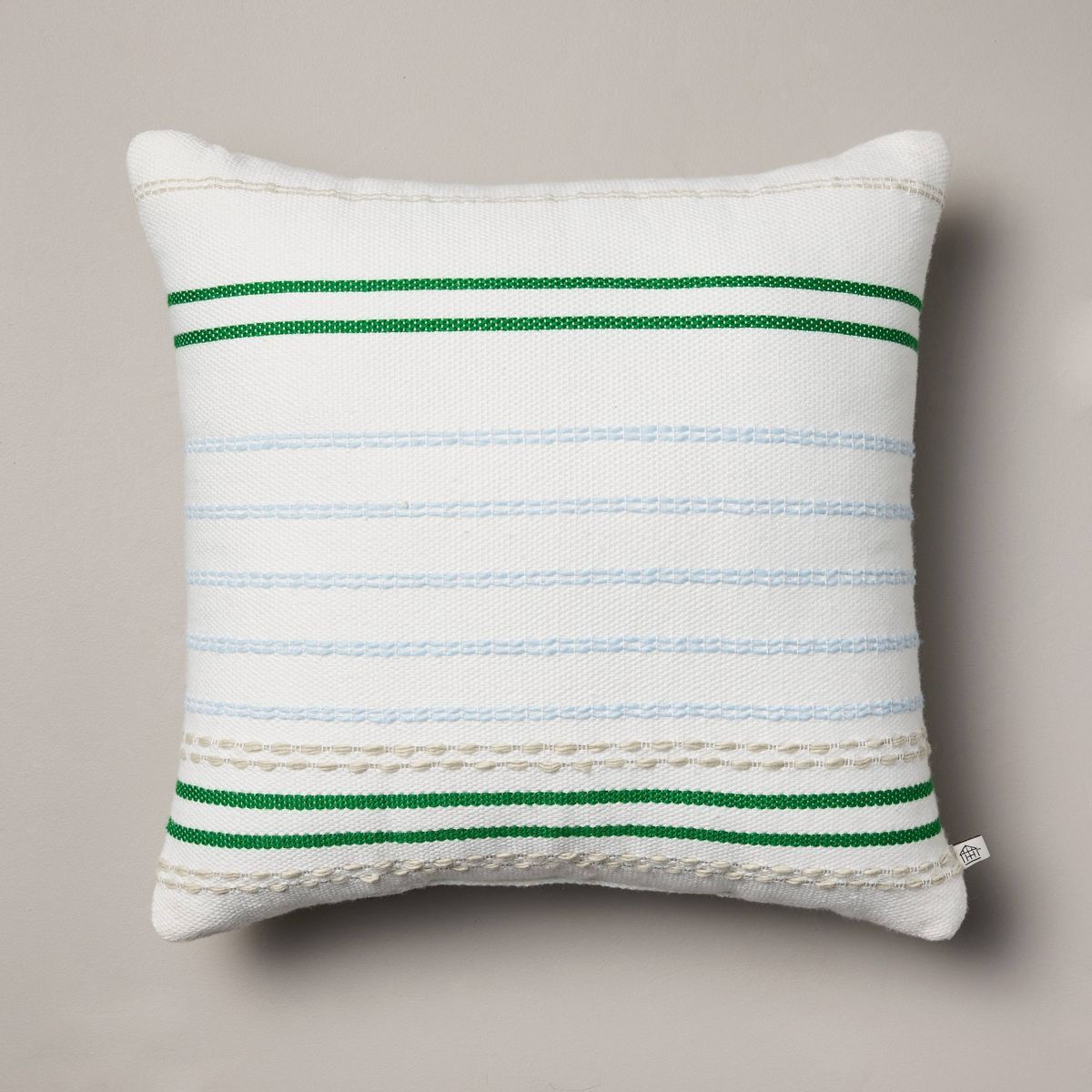 18"x18" Multi-Textured Stripe Indoor/Outdoor Square Throw Pillow Cream/Light Blue/Green - Hearth ... | Target