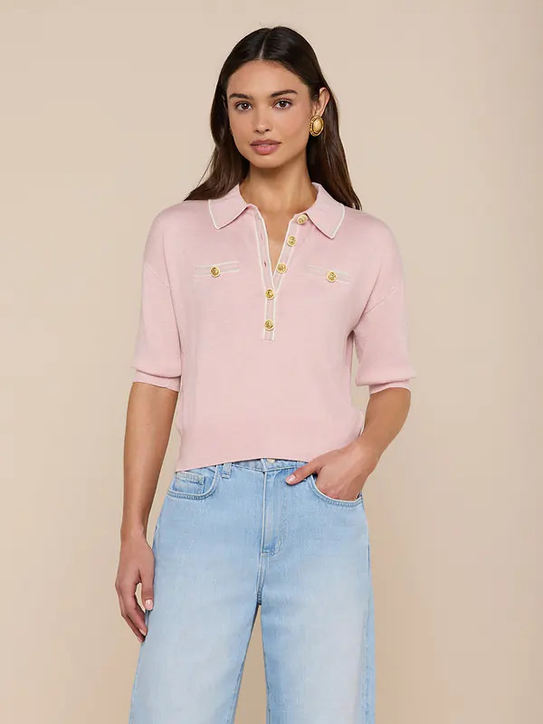 Masaki Cropped Sweater in Nectar Pink/Ivory/Gold Lurex | L'AGENCE | L'Agence