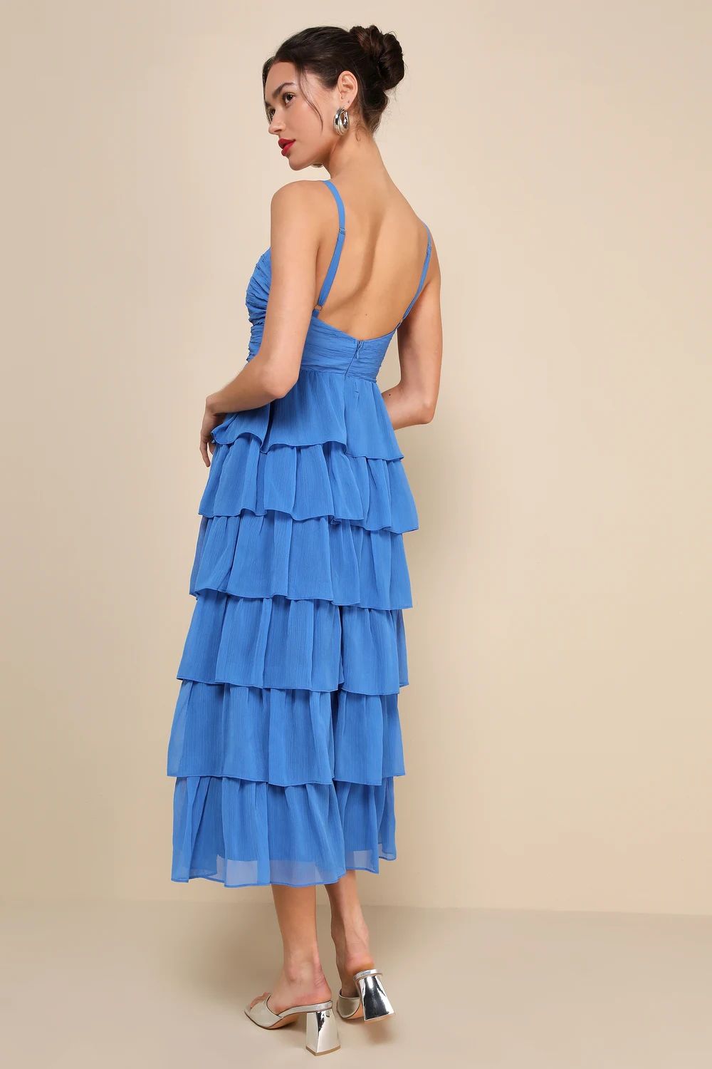 Poised Impression Blue Tiered Ruffled Cutout Midi Dress | Lulus