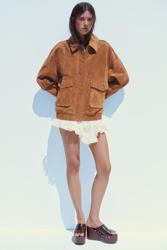 100% SUEDE LEATHER BOMBER JACKET WITH POCKETS | Zara UK