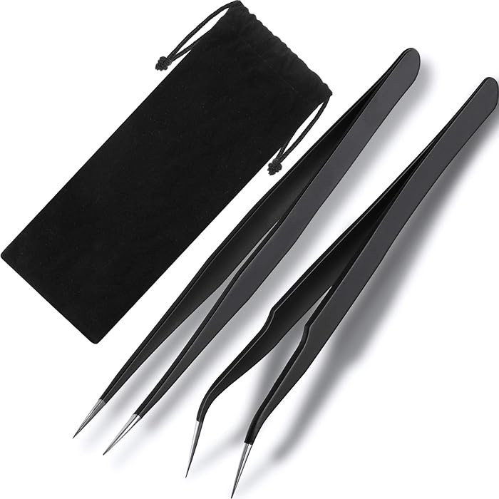 2 Pieces Straight and Curved Tip Tweezers Eyelash Extension Tweezers, Stainless Steel False Lash ... | Amazon (US)