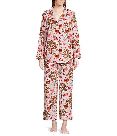 Printfresh Woven Organic Cotton Hen House Print Long Sleeve Notch Collar Long Pajama Set - S | Dillard's