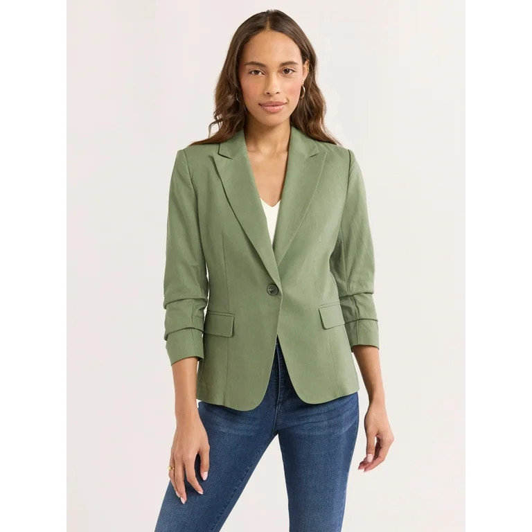 Sofia Jeans Women's Linen Blend Blazer with Scrunch Sleeves, Sizes XS-4X | Walmart (US)