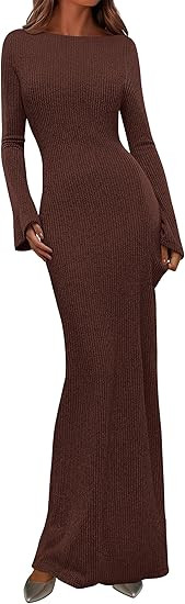 PRETTYGARDEN Women's Fall Fashion 2026 Long Sleeve Maxi Dress Ribbed Knit Boat Neck Bodycon Casua... | Amazon (US)