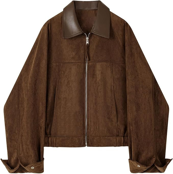 Women's Faux Suede Cropped Jacket Contrast Collar Zip Up Utility Barn Coat Trendy Fall Outwear | Amazon (US)