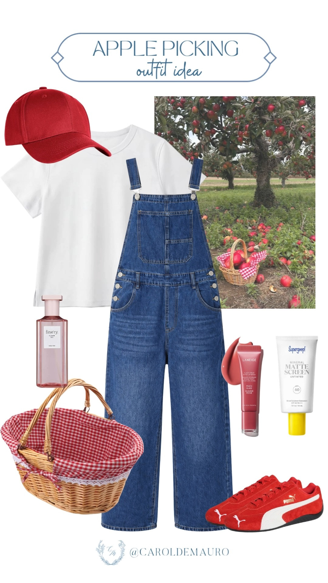 apple picking, outfit inspo, early fall outfit, transitional look, denim overalls, white tee, red ball cap, woven basket, puma speedcat, sunscreen, tinted lip oil, summer perfume, amazon fashion, petite fashion, orchard outfit

#LTKootd #LTKPetite #LTKU
