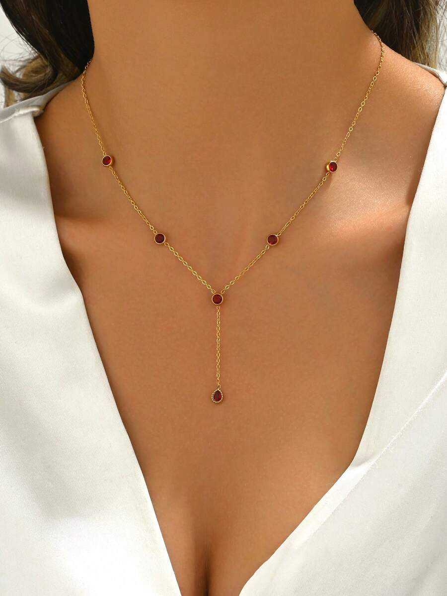 1pc Women Stainless Steel Y-Shaped Necklace With Red Zirconia Water Drop Tassel Pendant, 18k Gold... | SHEIN