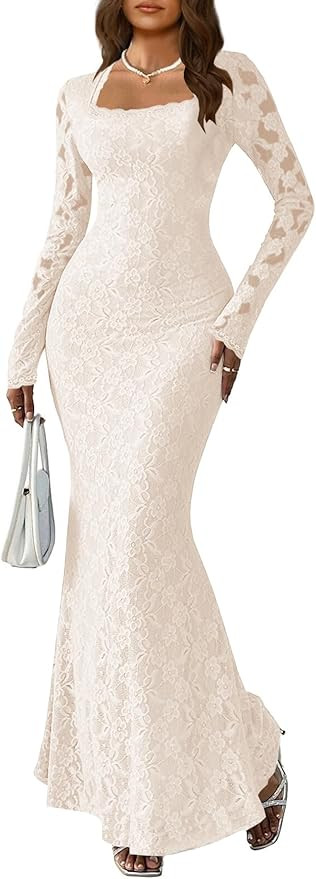 MITILLY Women Bodycon Maxi Dress Elegant Square Neck Long Sleeve Floral Lace Sexy Wedding Guest C... | Amazon (US)