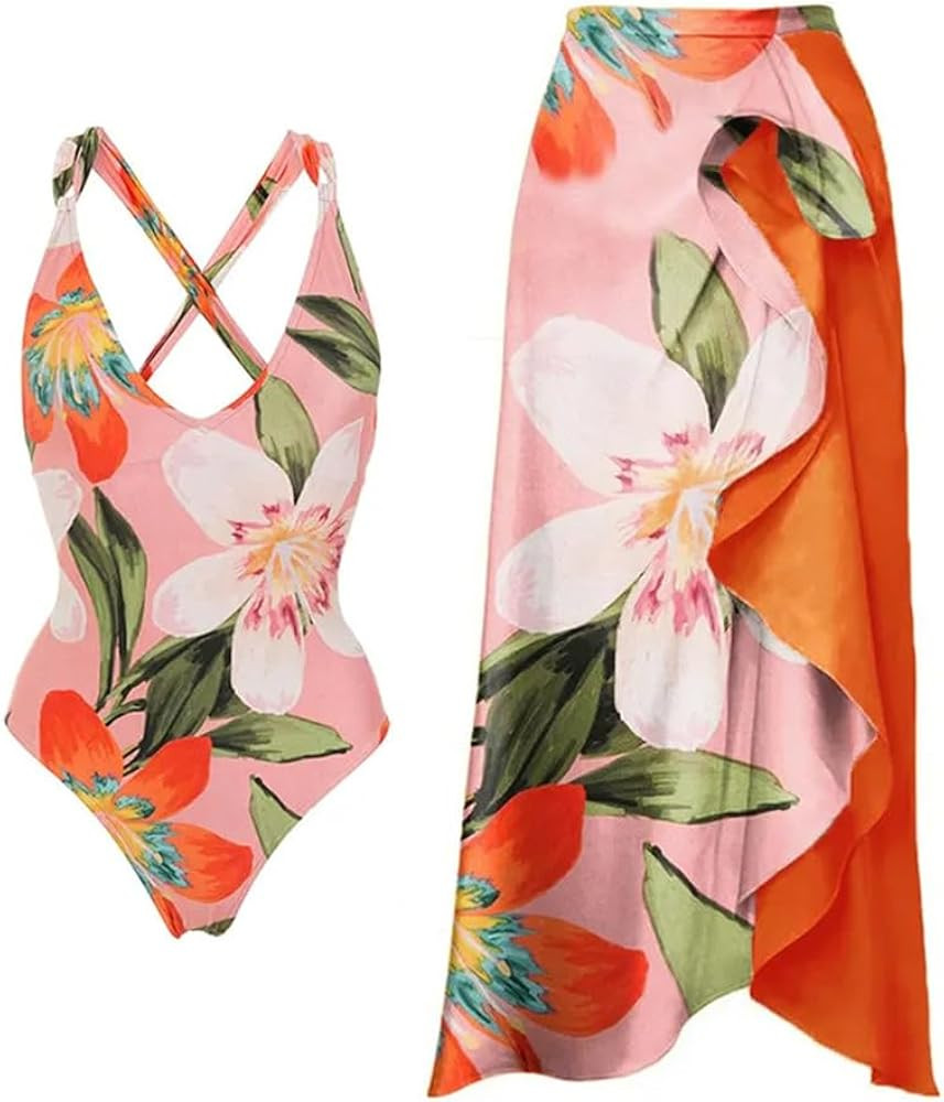 IDOPIP Women's One Piece Swimsuit with Beach Cover up Wrap Skirt Sarong Retro Floral Print Bikini... | Amazon (US)