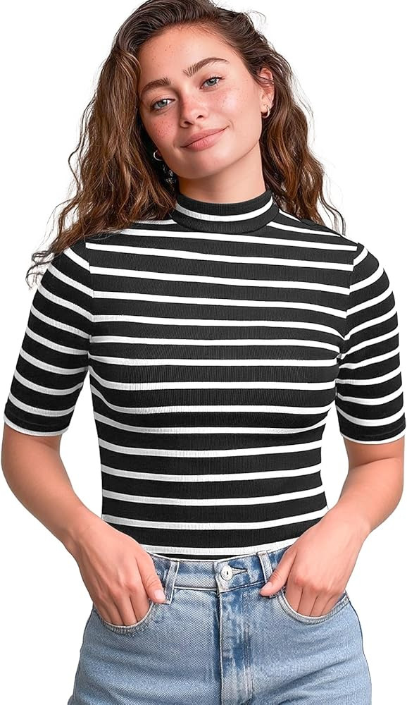 Zengjo Short Sleeve Turtleneck Women Striped T Shirt,Ribbed Mock Neck Top | Amazon (US)