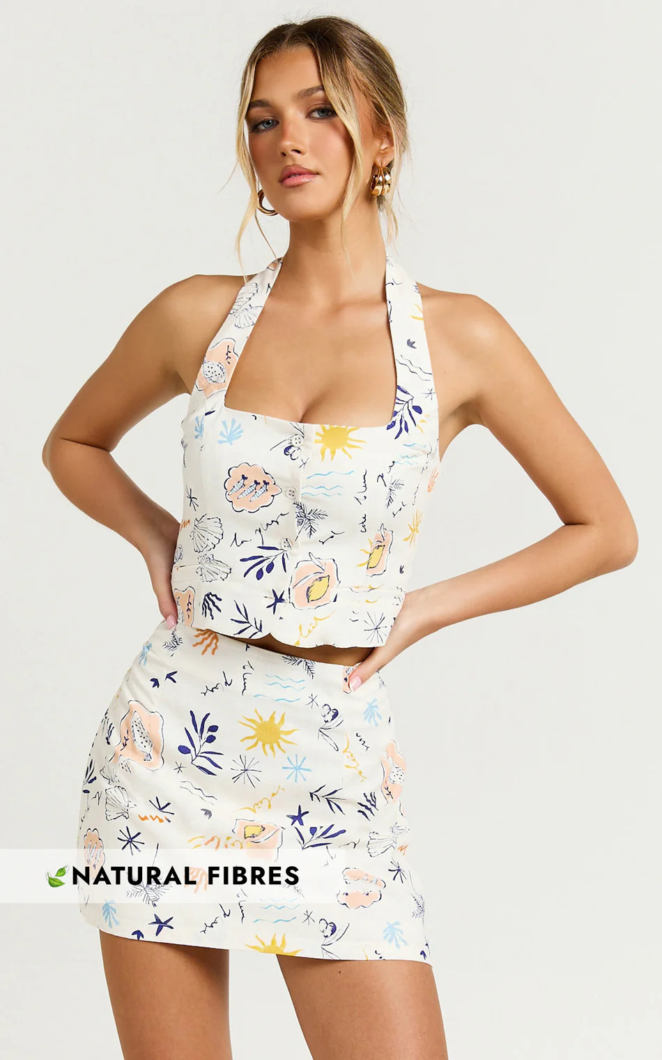 Hera Two Piece Set - Linen Square Neck Halter Vest Top And Mini Skirt Set in Soleil Print | Showpo (US, UK & Europe)