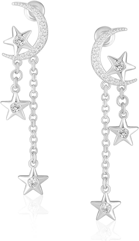MESOVOR Moon Star Dangle Earrings, 16K Gold Plated Drop Tassel | Sparkling Zirconia Asymmetrical ... | Amazon (US)