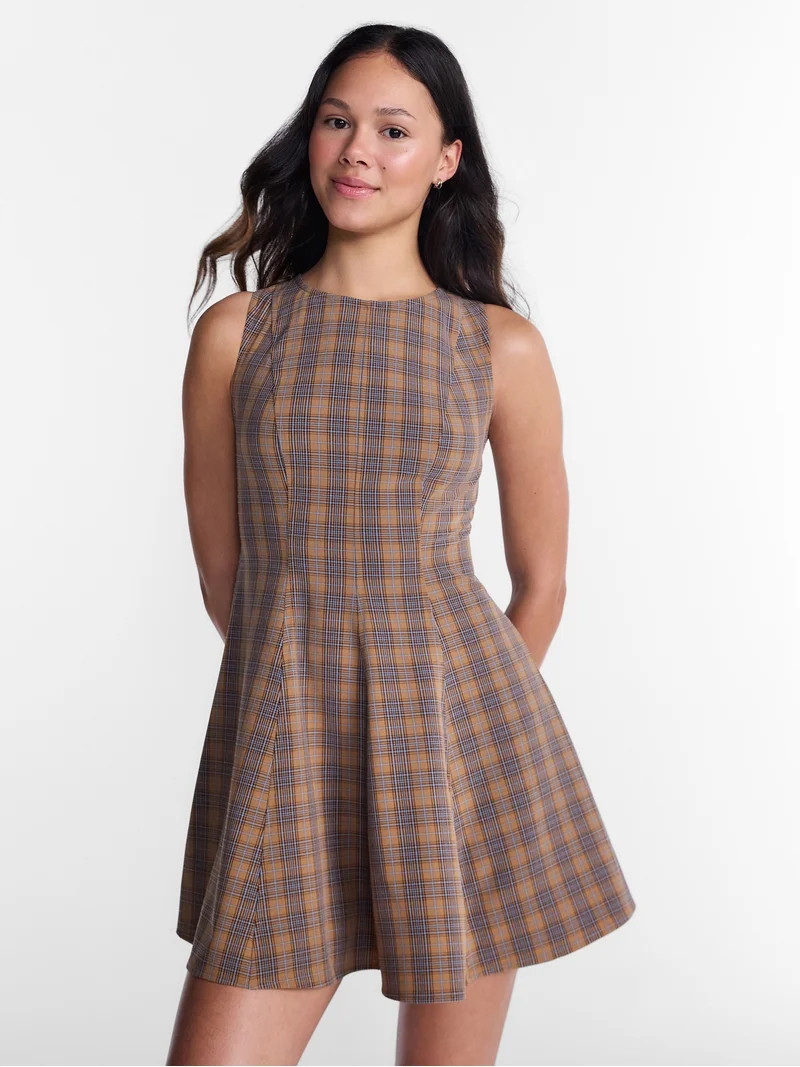 No Boundaries Fit and Flare Plaid Mini Dress, Women\u2019s XXS-XXL | Walmart (US)