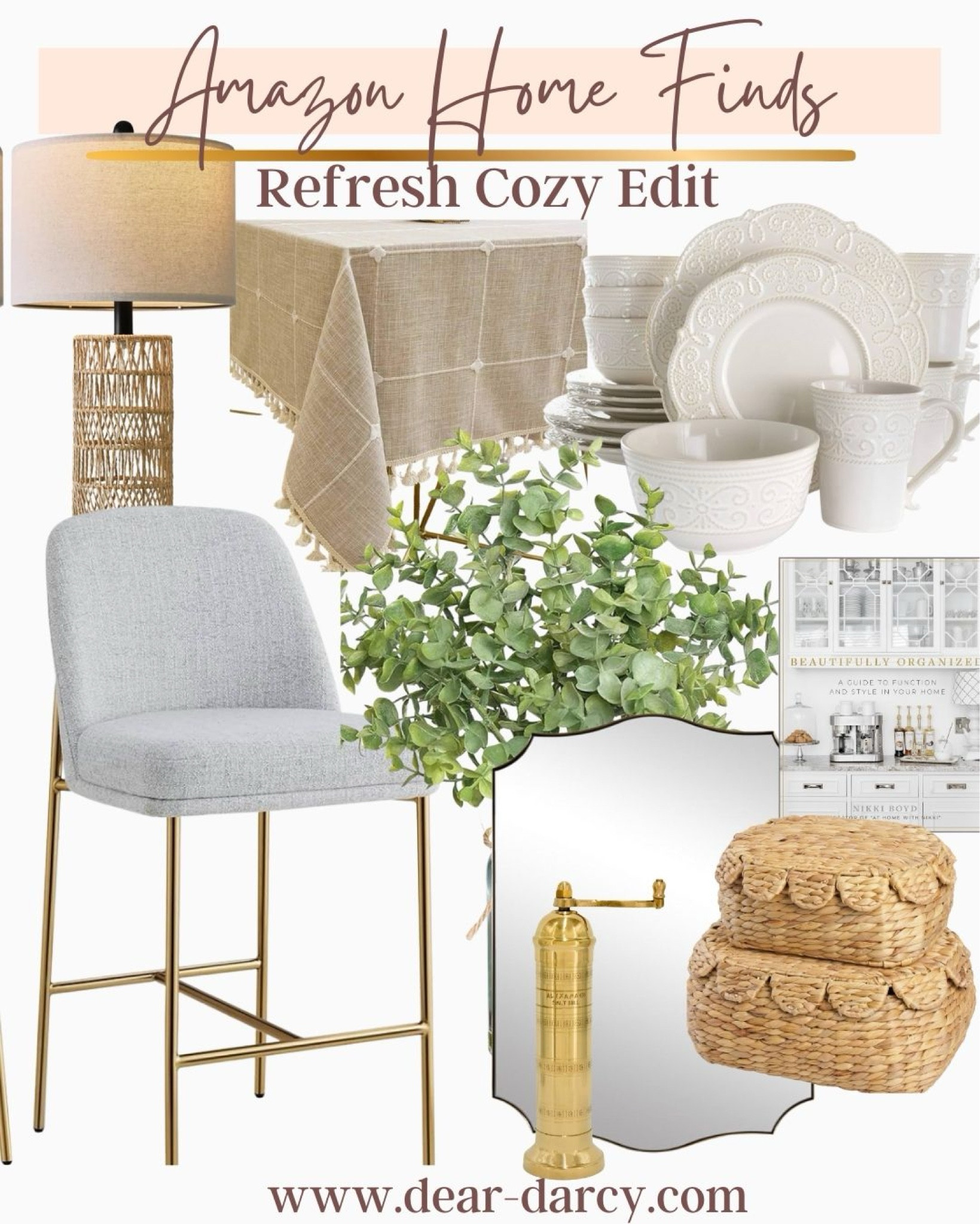 Amazon Home Finds 
Cozy Home refresh

-Linen table cloth
-Ivory dish set
-silk plant
-scallop basket set perfect for organizing/toys/lines/ office kitchen/ living roomm
- kitchen island bar stools 
-Rattan side table or nightstand lamps 
-organizing book great coffee table book
-bronze pepper mill 
- beautiful gold mirror 

#LTKGiftGuide #LTKStyleTip #LTKHome
